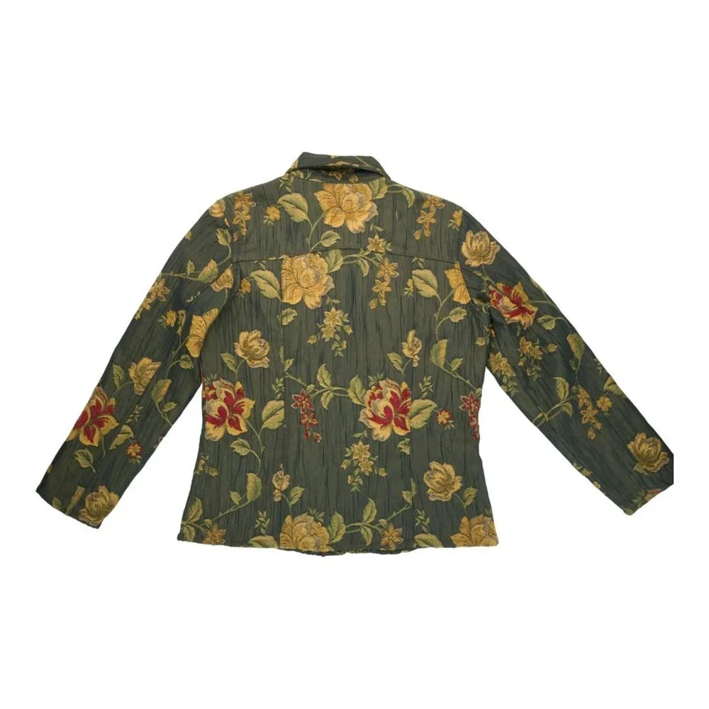 Vintage Chicos 1‎ Women's Jacket Button Floral Green Long Sleeve Embroidered